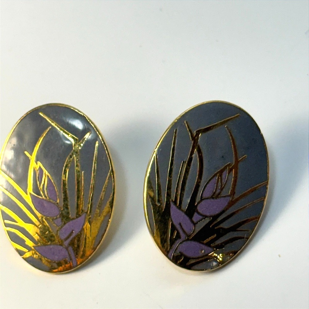Isle of Skyes‎ Stud Earrings Gold Purple Floral Cloisonne Enamel Oval Post Back